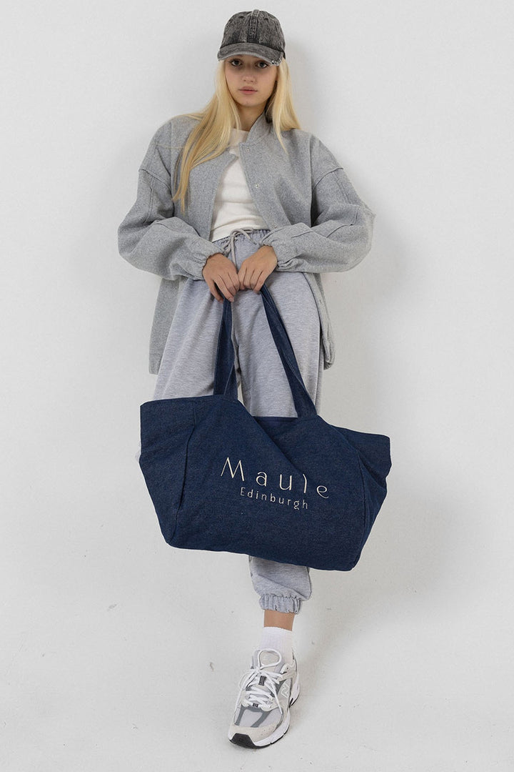 Maule Nakış Detaylı Ortaboy %100 Pamuk İndigo Kadın Omuz Çantası Tote Bag Domoda