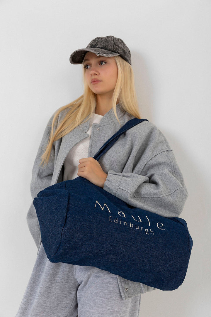 Maule Nakış Detaylı Ortaboy %100 Pamuk İndigo Kadın Omuz Çantası Tote Bag Domoda