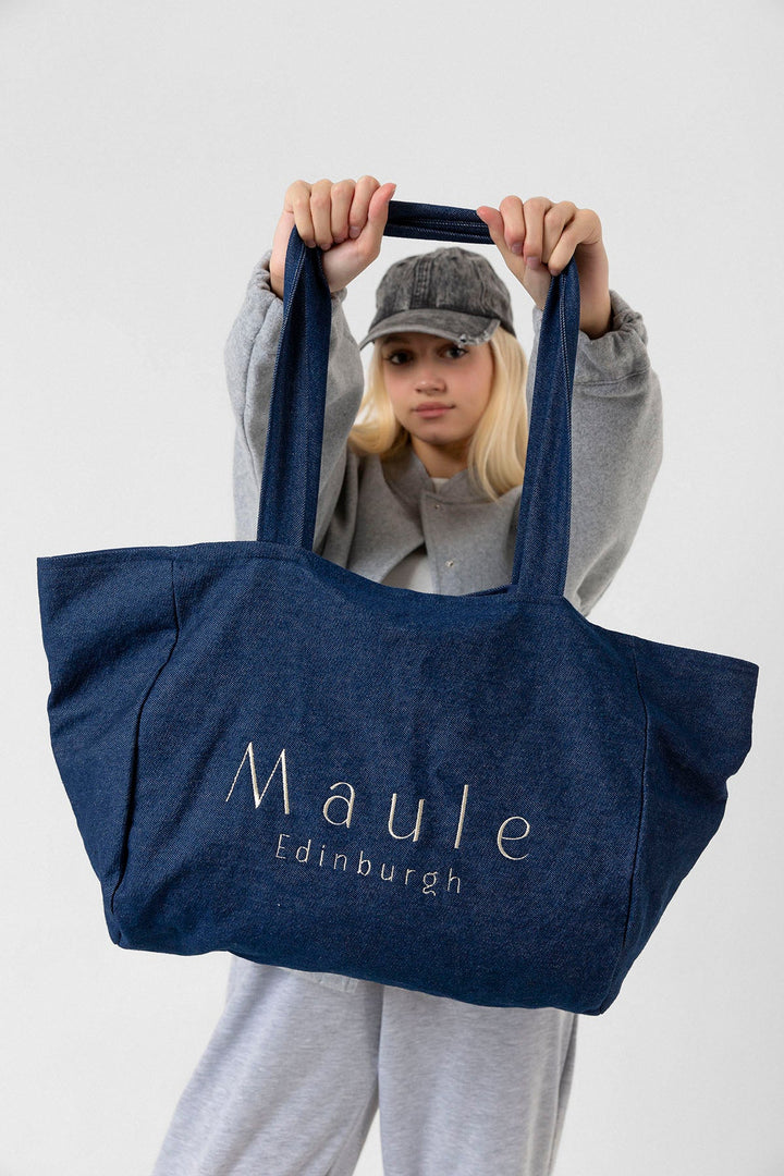 Maule Nakış Detaylı Ortaboy %100 Pamuk İndigo Kadın Omuz Çantası Tote Bag Domoda