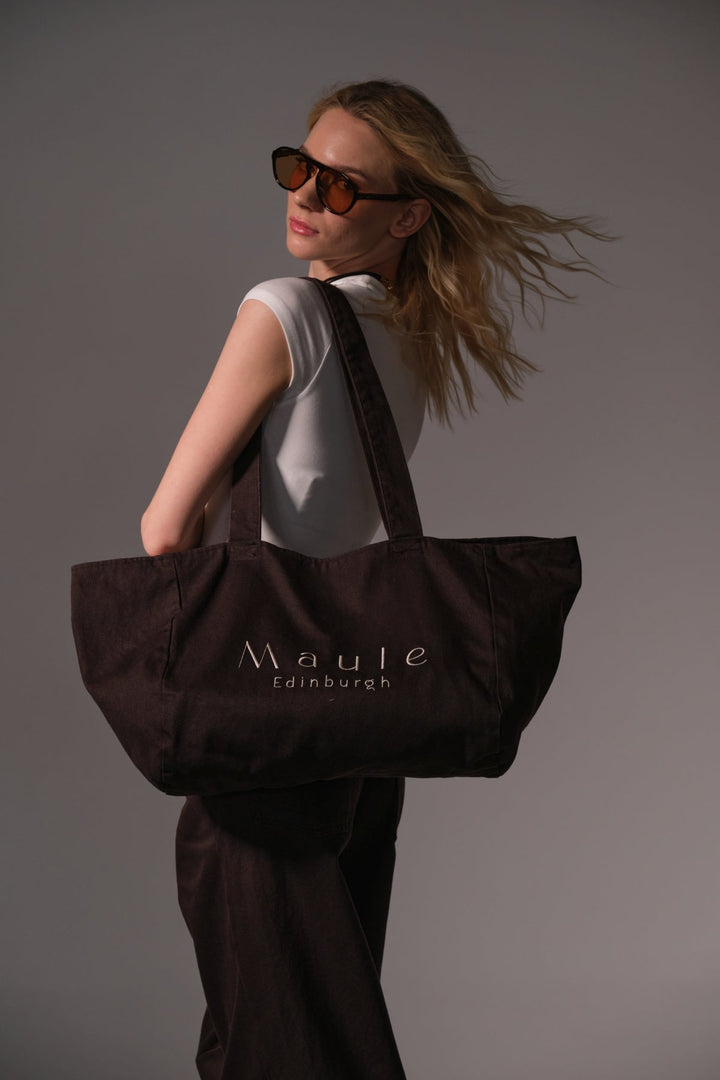 Maule Nakış Detaylı Ortaboy %100 Pamuk İndigo Kadın Omuz Çantası Tote Bag Domoda