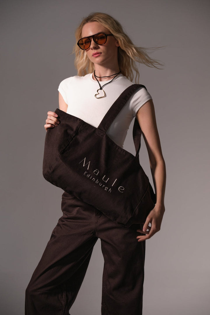 Maule Nakış Detaylı Ortaboy %100 Pamuk İndigo Kadın Omuz Çantası Tote Bag Domoda