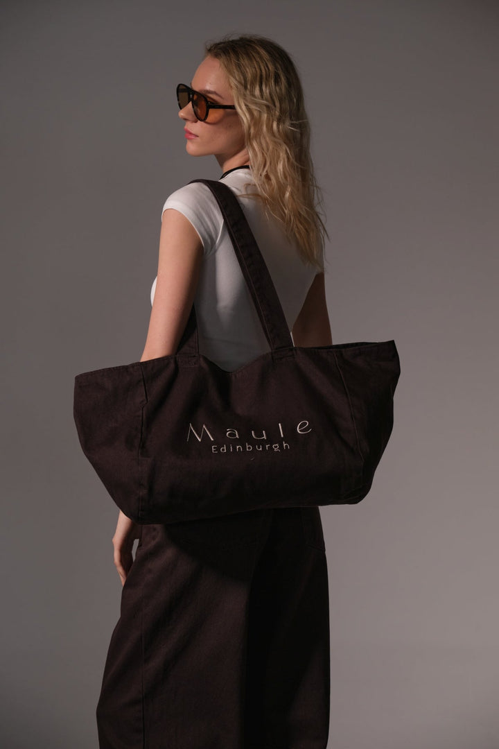 Maule Nakış Detaylı Ortaboy %100 Pamuk İndigo Kadın Omuz Çantası Tote Bag Domoda