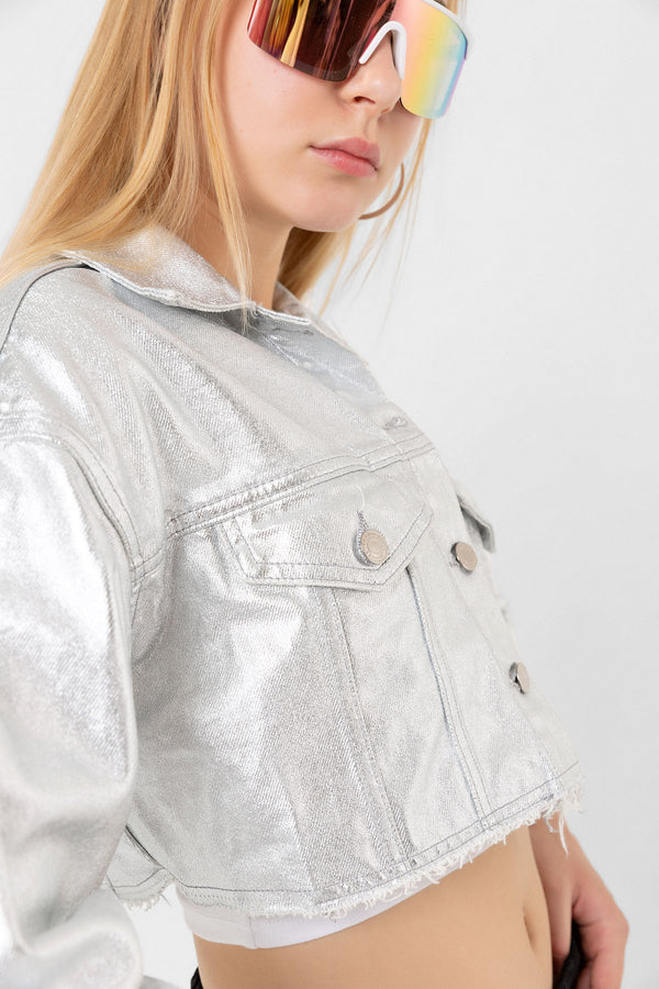 Metallic Look Lame Crop Denim Oversize Buttoned Short Women's Denim Jacket