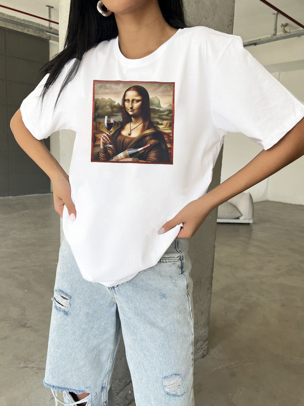 Mona Lisa Baskılı Yapay Zeka Tasarımı Ekolojik Penye Oversize %100 Pamuk Kadın Tişört @BlahxAi