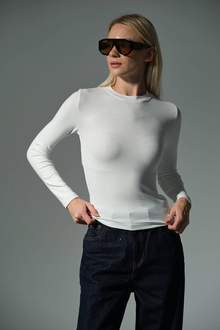 Örme Soft Touch Premium Bisiklet Yaka Uzun Kol Bluz @Sorbe Domoda