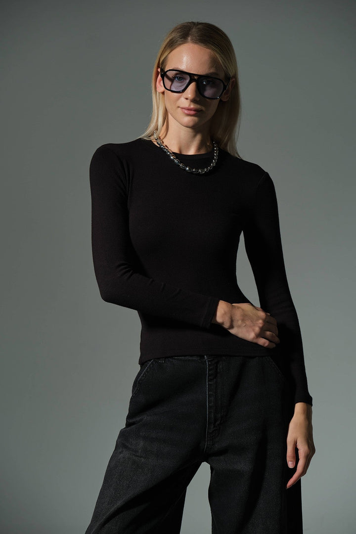 Örme Soft Touch Premium Bisiklet Yaka Uzun Kol Bluz @Sorbe Domoda