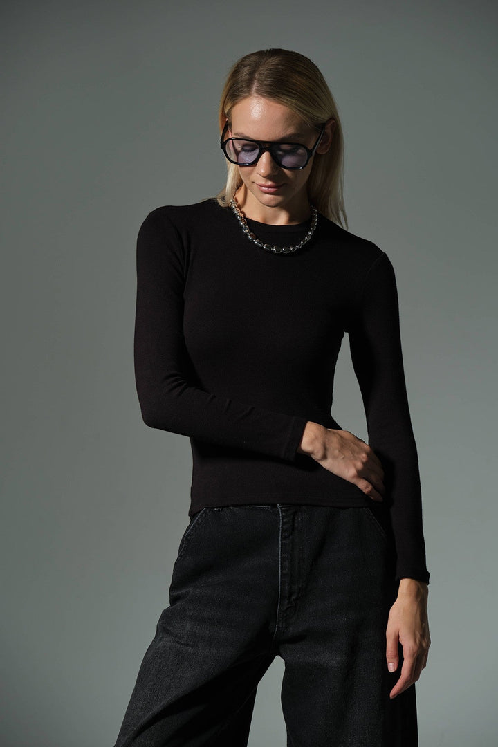 Örme Soft Touch Premium Bisiklet Yaka Uzun Kol Bluz @Sorbe Domoda