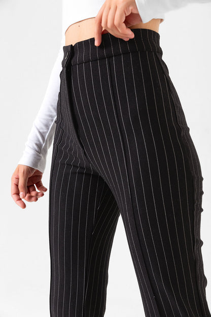 Pin Stripe city pantolon ince çizgili nervür detaylı fermuarlı örme kadın pantolon