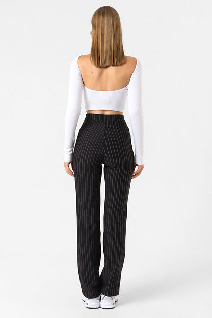 Pin Stripe city pantolon ince çizgili nervür detaylı fermuarlı örme kadın pantolon