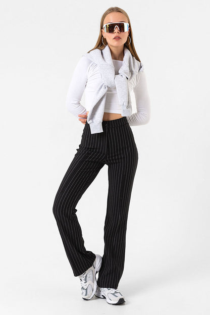 Pin Stripe city pantolon ince çizgili nervür detaylı fermuarlı örme kadın pantolon