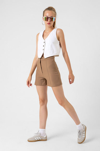 Pin Stripe city short ince çizgili nervür detaylı fermuarlı örme kadın şort