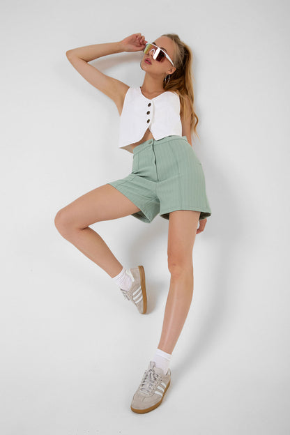 Pin Stripe city short ince çizgili nervür detaylı fermuarlı örme kadın şort