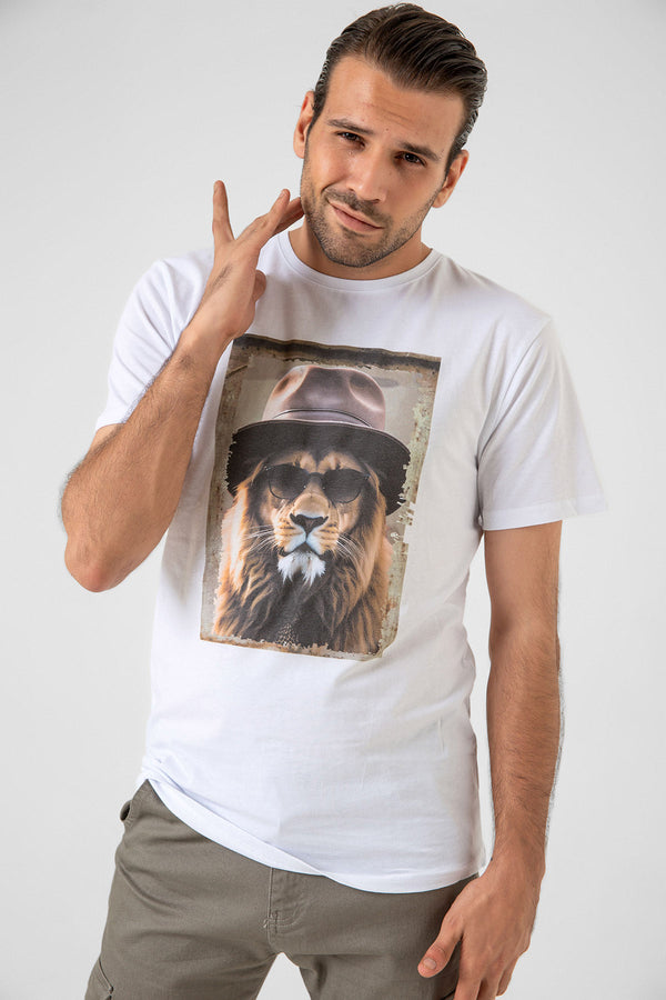 Lion with Hat Printed Comfortable 100% Cotton Men's Graphic T-Shirt