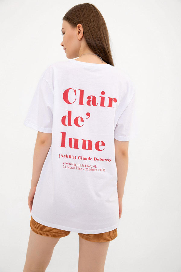 Sırtı Clair de Lune Grafik Baskılı Oversize %100 Pamuk Kadın Tişört