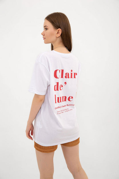 Sırtı Clair de Lune Grafik Baskılı Oversize %100 Pamuk Kadın Tişört
