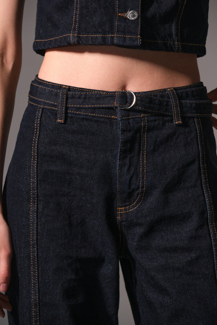 sportif dikiş detaylı jean D toka Kemerli Denim, Geniş paça palazzo Kadın Pantolon Maule