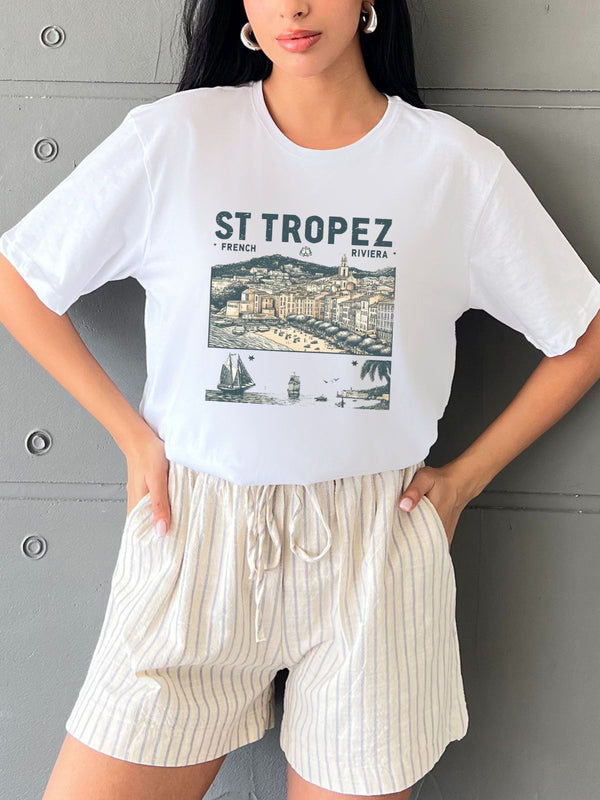 St Tropez Baskılı Yapay Zeka Tasarımı Penye Oversize %100 Pamuk Kadın Tişört @BlahxAi