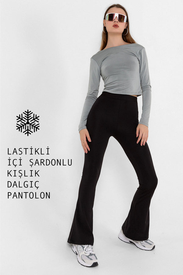 Warm bootcut geniş paça lastikli şardonlu kışlık  dalgıç  kadın pantolon