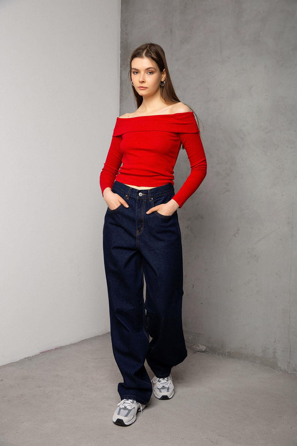 Buckle Detailed Loose Cut Wide Leg Comfortable Baggy Jeans Loose Women's Trousers @Milano