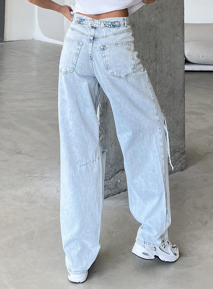 Toka Detaylı Bol Kesim Geniş Paça Rahat Baggy Jean Kot Salaş Kadın Pantolon @Milano Maule