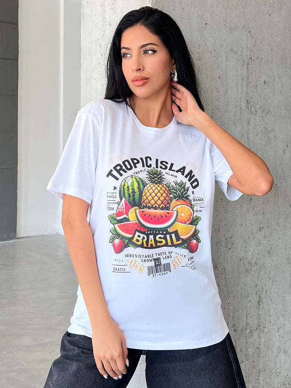 Tropic island Baskılı Yapay Zeka Tasarımı Penye Oversize %100 Pamuk Kadın Tişört @BlahxAi