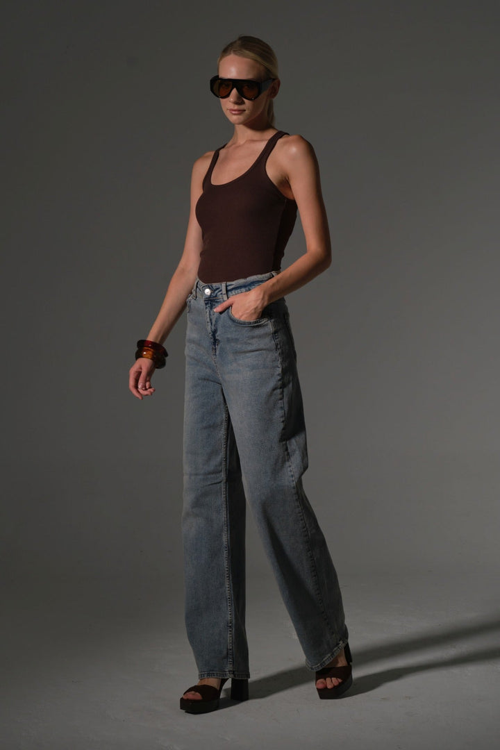 üksek Bel, Esnek Denim Kumaş Geniş Paça Palazzo Kadın Kot Jean Pantolon @Cesena Maule