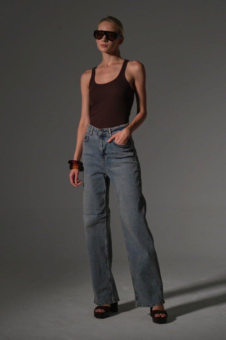 üksek Bel, Esnek Denim Kumaş Geniş Paça Palazzo Kadın Kot Jean Pantolon @Cesena Maule