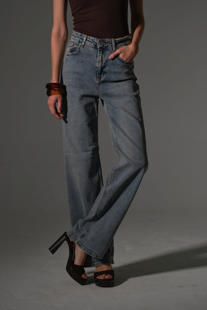 üksek Bel, Esnek Denim Kumaş Geniş Paça Palazzo Kadın Kot Jean Pantolon @Cesena Maule