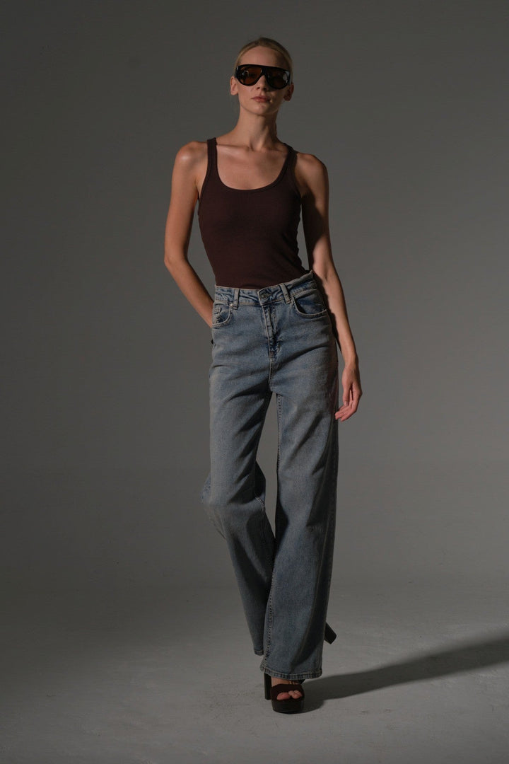 üksek Bel, Esnek Denim Kumaş Geniş Paça Palazzo Kadın Kot Jean Pantolon @Cesena Maule