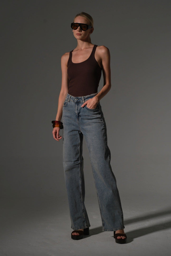 üksek Bel, Esnek Denim Kumaş Geniş Paça Palazzo Kadın Kot Jean Pantolon @Cesena Maule