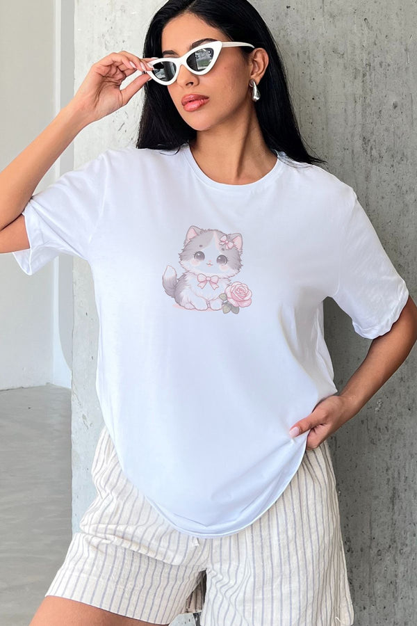 Yavru Kedi Baskılı Yapay Zeka Tasarımı Ekolojik Penye Oversize %100 Pamuk Kadın Tişört @BlahxAi