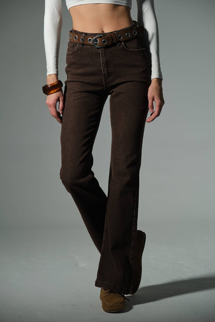 Yüksek bel kot, ispanyol paça esnek denim kumaş kadın fit and Flare jean pantolon @flares Maule