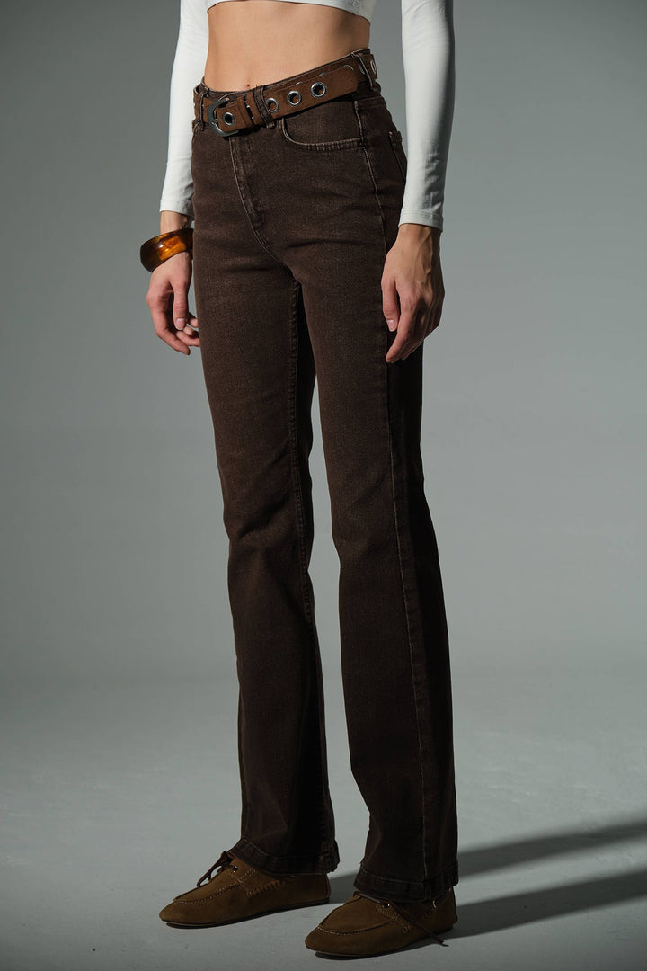 Yüksek bel kot, ispanyol paça esnek denim kumaş kadın fit and Flare jean pantolon @flares Maule