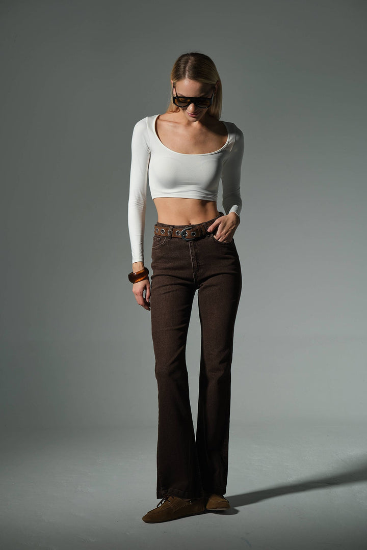 Yüksek bel kot, ispanyol paça esnek denim kumaş kadın fit and Flare jean pantolon @flares Maule