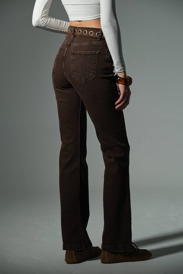 Yüksek bel kot, ispanyol paça esnek denim kumaş kadın fit and Flare jean pantolon @flares Maule