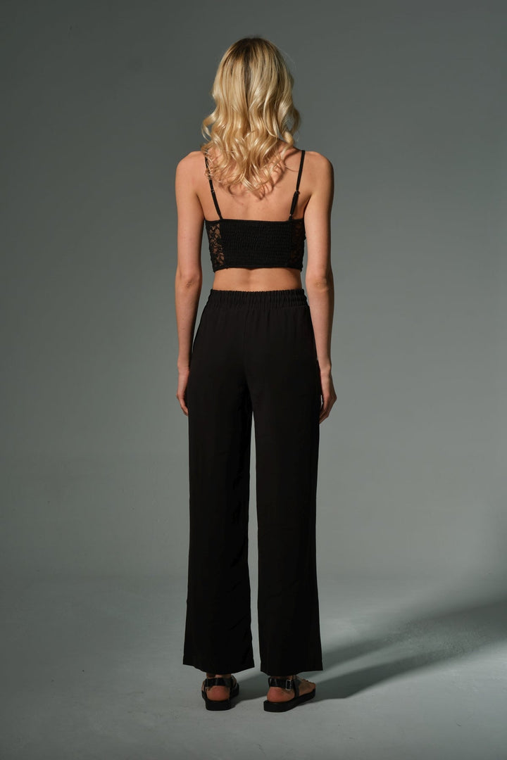 yüksek bel, yapışmaz dökümlü kumaş lastikli palazzo geniş paça kadın pantolon Domoda