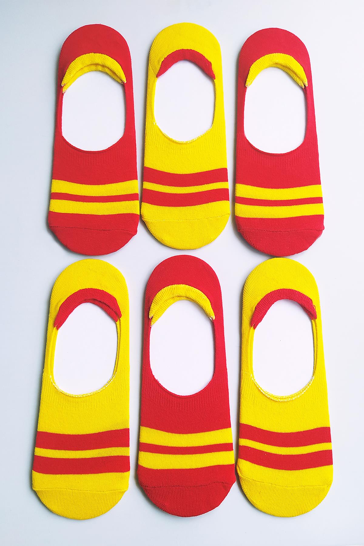 6'lı Paket Sarı Zemin Kırmızı Çizgili Suba Kaydırmaz lastikli Erkek Takım Erkek Çorap