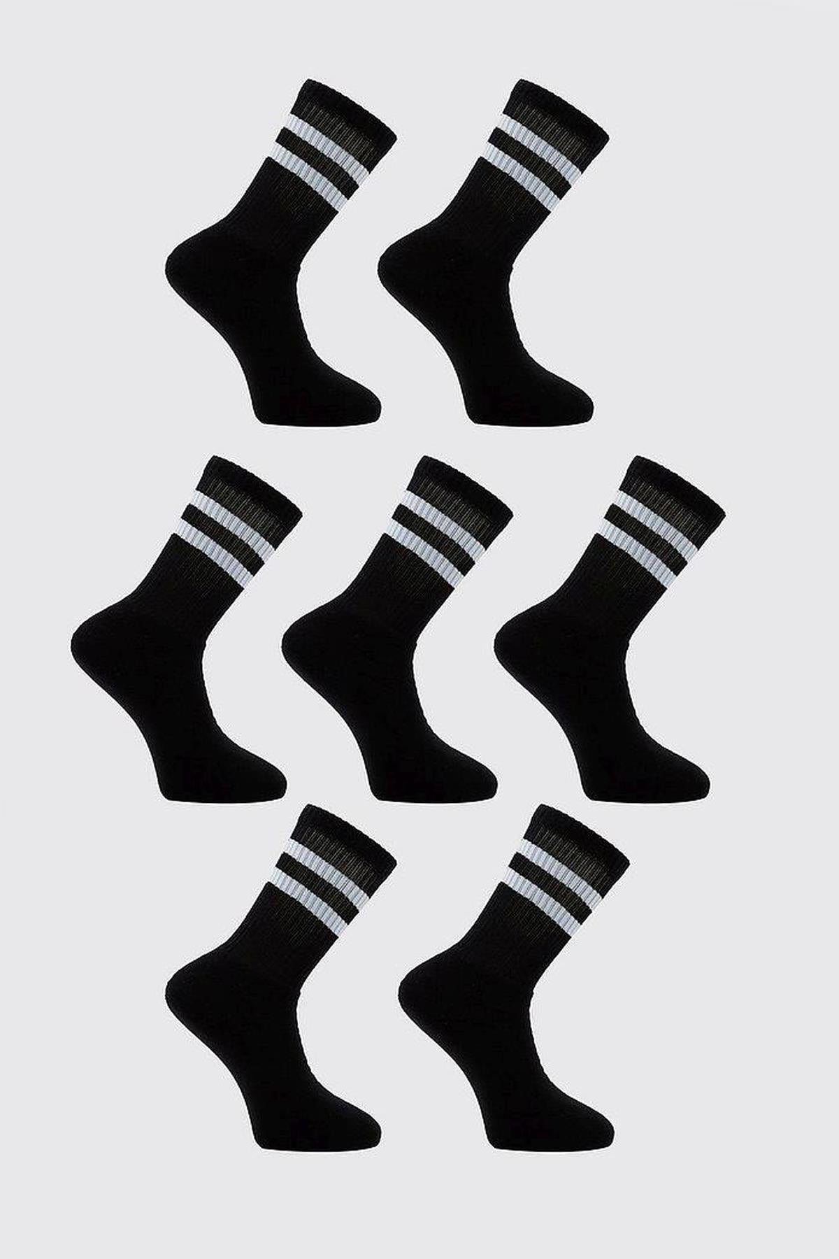 7'li paket beyaz çizgili siyah yarım Konç Kadın Çorap