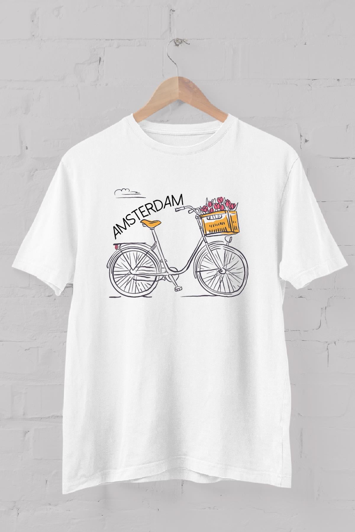 Amsterdam Bisiklet Baskılı Bisiklet Yaka Erkek Tişört