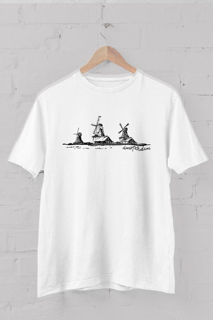 Amsterdam windmills printed Crew Neck men's t -shirt