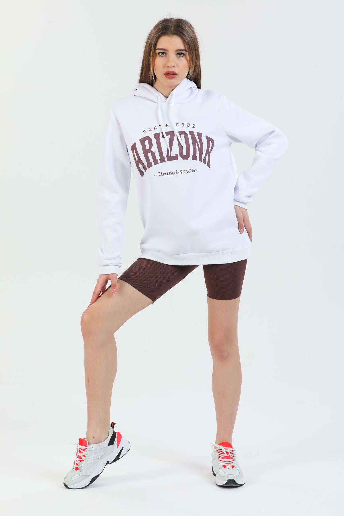 Arizona Baskılı Pamuklu Kapüşonlu Şardonlu İçi Polarlı Unisex Kadın Sweatshirt