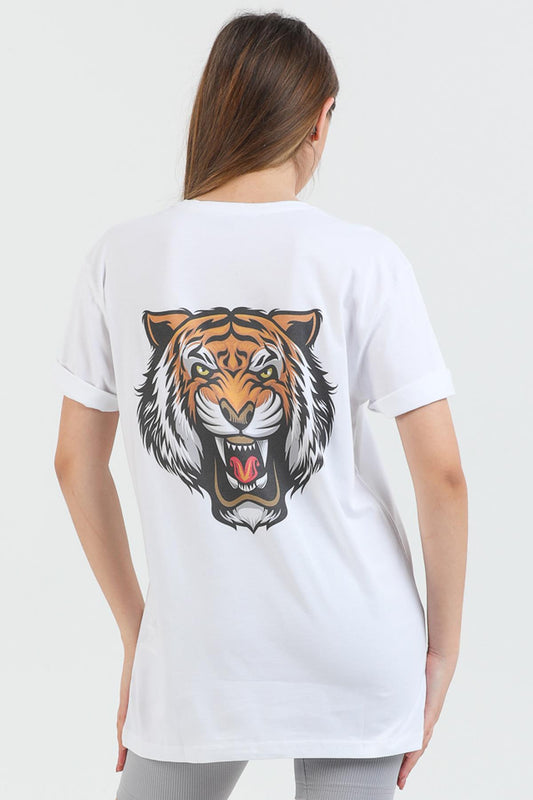 Behind the tiger printed cotton Crew Neck overlooking female t -shirt.