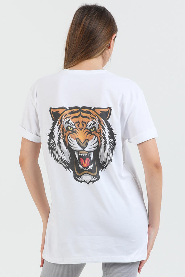 Cotton Crew Neck Oversize Women's T-Shirt with Tiger Print on the Back.