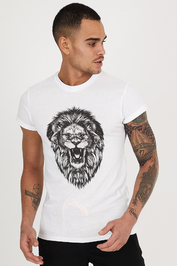 Lion Head Printed Crew Neck Men's T-Shirt