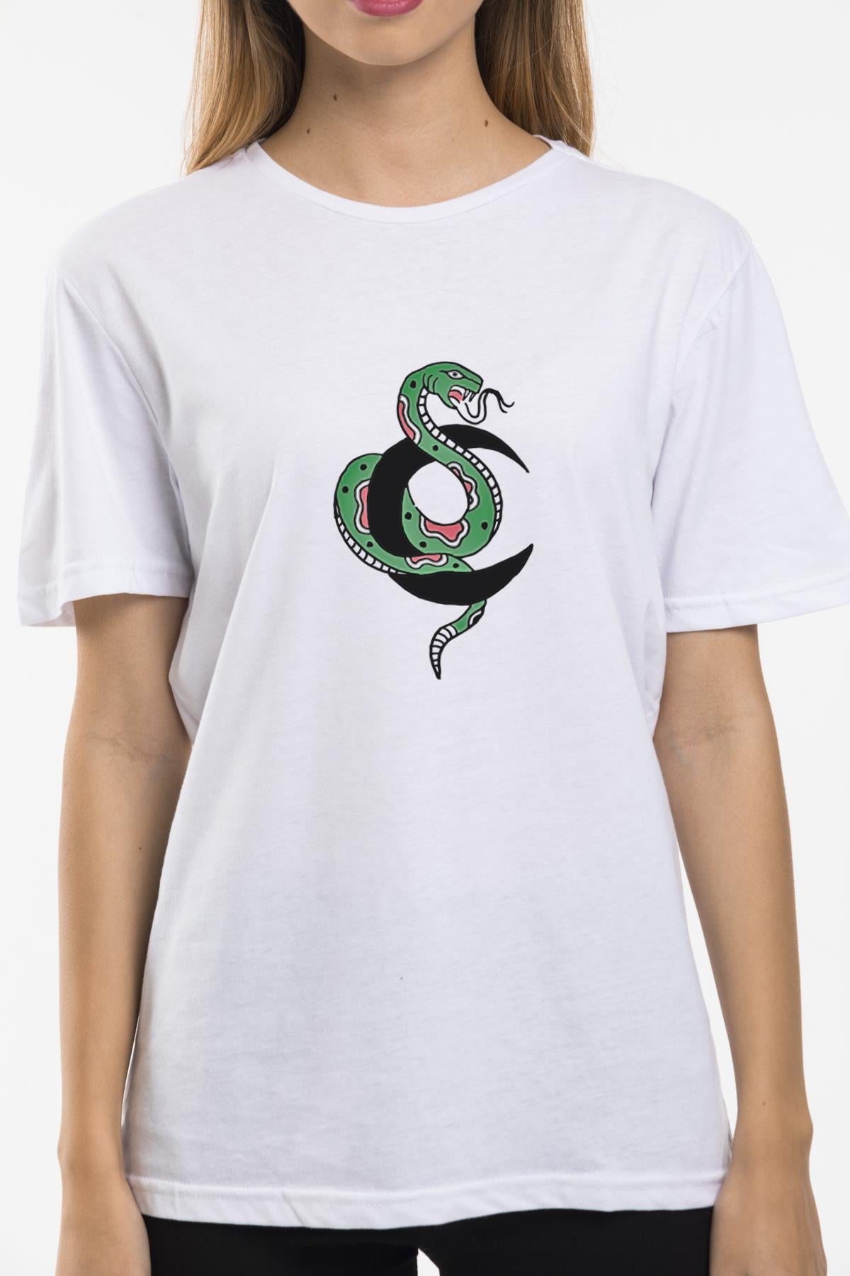 Moon and Snake Printed Oversize Crew Neck women T -shirt