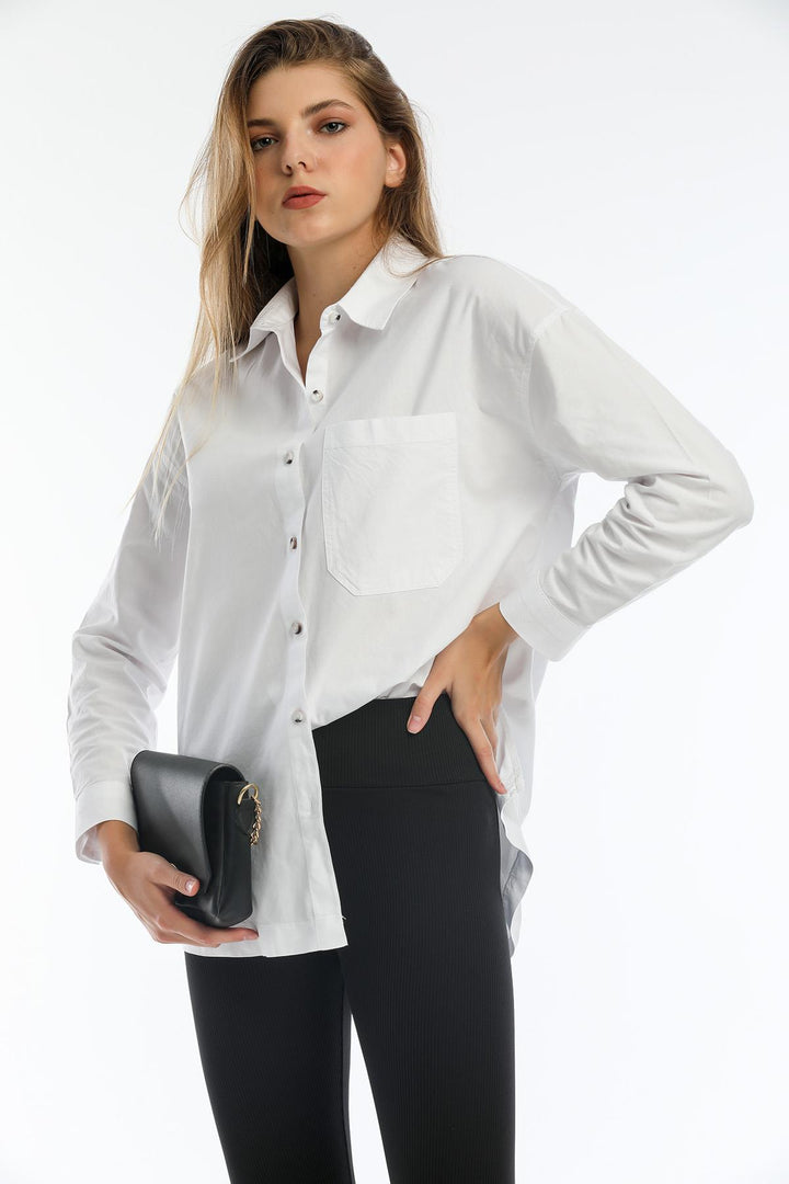 Basic Boyfriend Oversize Tek Cep Oksford Tunik Kadın Gömlek Domoda