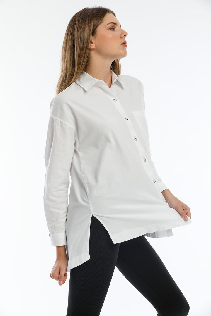 Basic Boyfriend Oversize Tek Cep Oksford Tunik Kadın Gömlek Domoda