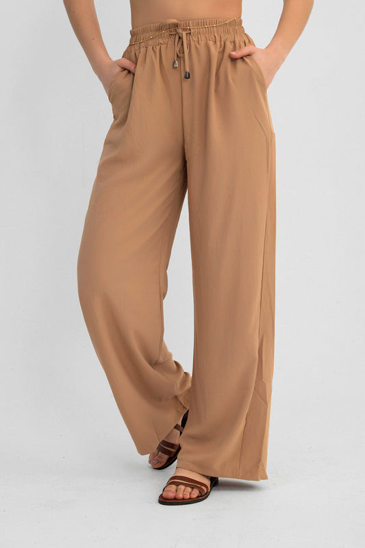 Beli Lastikli Dekoratif Bağcıklı Çift Cepli Bol Paça Kadın Pantolon