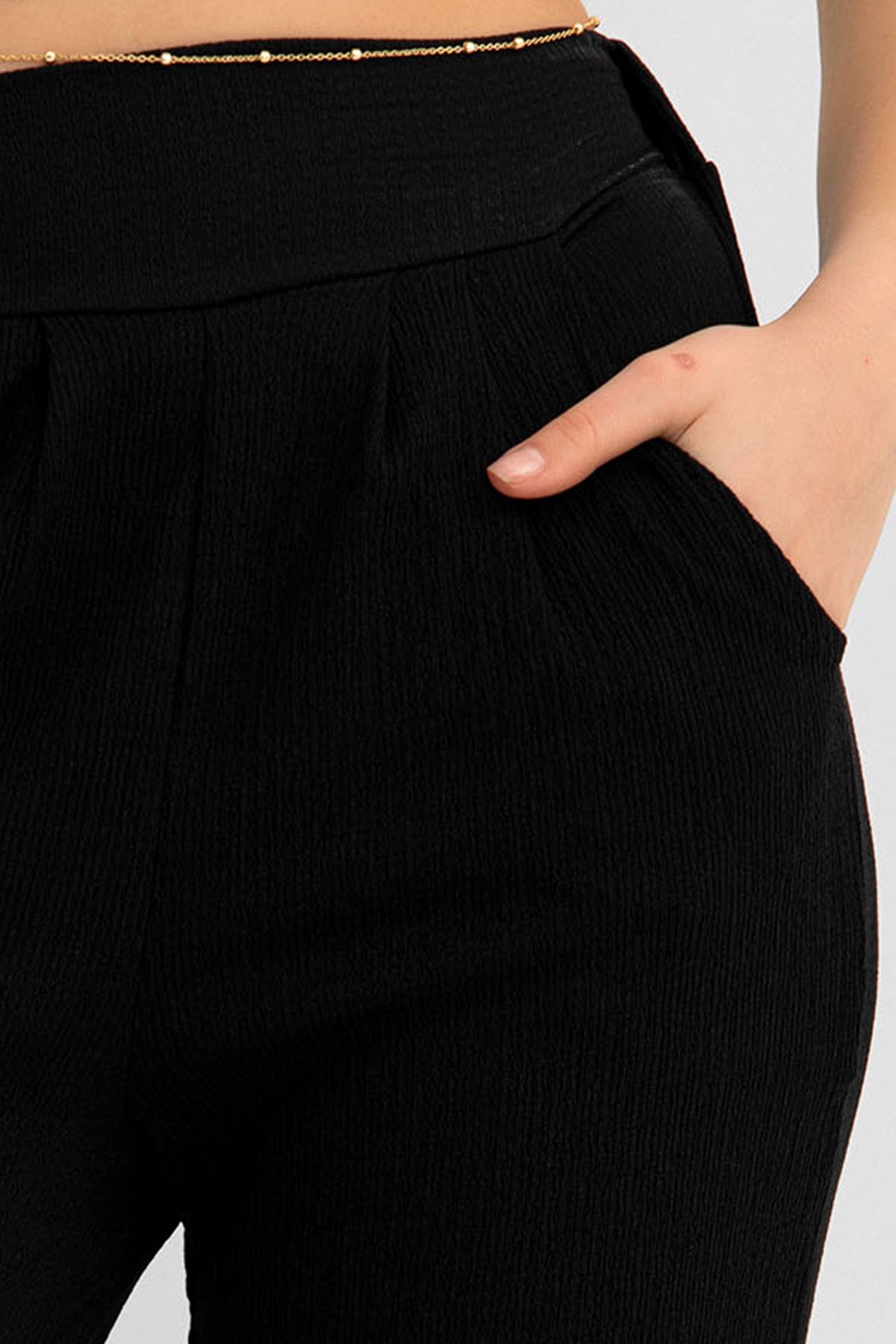 Beli Lastikli Paça detaylı Çift Cepli Bürümcük  Harem Pileli Kadın Pantolon