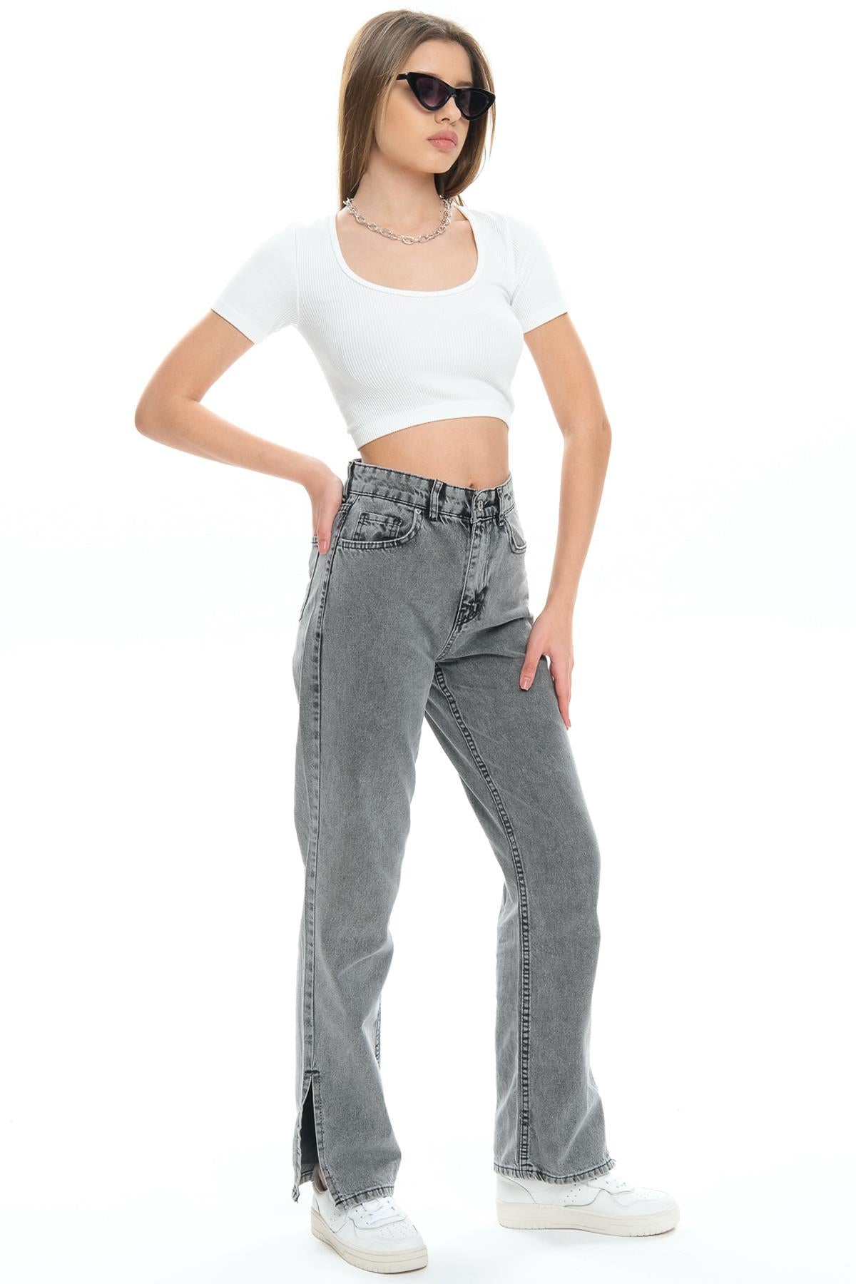 Beş cep Yüksek Bel Paçası Yırtmaçlı Mom Fit Jeans Kot Kadın Pantolon
